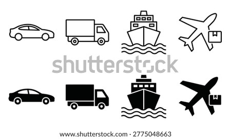 Logistics and transport collection, simple black outline symbols, car, truck, maritime vessel, aircraft, and delivery