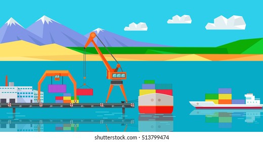 Logistics and transportation of cargo ship and cargo container working with crane at port. Natural landscape with sea, mountains, sky, clouds, sandy beach. Large industrial crane for cargo container