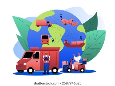 Logistics and transportation concept with trucks, ship, plane, and train on a globe background. Workers managing deliveries and shipments. Vector illustration