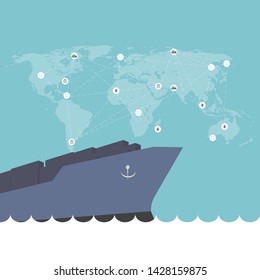 Logistics and transportation of Container Cargo ship  in shipyard logistic import export and transport industry on world map background
