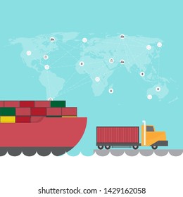Logistics and transportation of Container Cargo ship and Cargo truck in shipyard logistic import export and transport industry on world map background