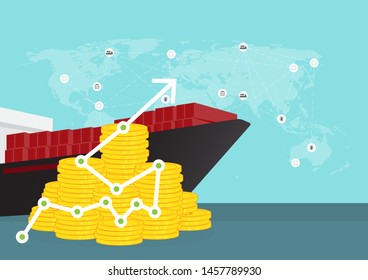 Logistics And Transportation Of Container Cargo Ship  In Shipyard Logistic Import Export And Transport Industry On World Map Background And Money Gold Coin