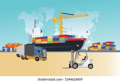 Logistics and transportation of Container Cargo ship, heavy trucks and sea port with working crane in shipyard , logistic import export and transport concept vector