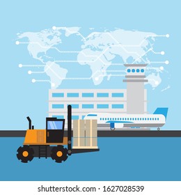 Logistics and transportation of Container Cargo ship and Cargo plane  in airport logistic import export and transport industry on wolrd map background 