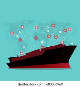 Logistics and transportation of Container Cargo ship  in shipyard logistic import export and transport industry on world map background 