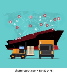 Logistics and transportation of Container Cargo ship  in shipyard logistic import export and transport industry on world map background 