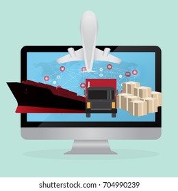 Logistics and transportation of Container Cargo ship  in shipyard logistic import export and transport industry on world map background 