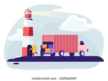 Logistics Transportation Container Ship with Industrial Truck. Import and Export in Shipping Cargo Harbor Yard. Transportation Industry, Global Maritime Logistic. Cartoon Flat Vector Illustration