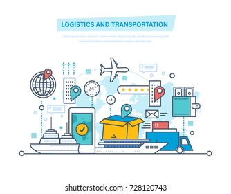 Logistics and transportation, delivery services, opened box. Delivery by air, train, ship, road transport, manual delivery, air mail. Vehicles, navigation gps. Thin line design of vector doodles