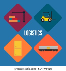 Logistics and transportation icon set vector illustration. Freight crane loading container, forklift truck, cargo train, packing boxes icons. Warehouse logistics and delivery business concept