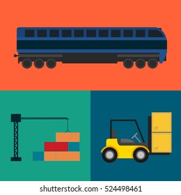 Logistics and transportation icon set vector illustration. Freight crane loading container, forklift truck with packing boxes and cargo train icons. Warehouse logistics and delivery business concept