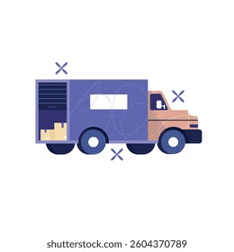 Logistics and transportation icons including truck, cargo ship, airplane, hot air balloon, packages, and location markers. Flat vector illustration of global delivery system concept design