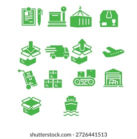 Iconos de logística y transporte que representan varios modos de entrega y métodos de envío en una colección de iconos verdes