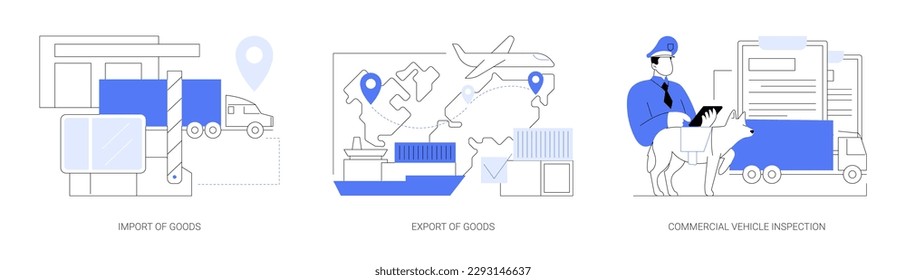 Conjunto de ilustraciones vectoriales abstractas de la industria de la logística y el transporte. Importación y exportación de mercancías, inspección de vehículos comerciales, transporte marítimo internacional, metáfora abstracta del comercio exterior.