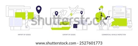 Logistics and transportation industry abstract concept vector illustration set. Import and export of goods, commercial vehicle inspection, international shipping, foreign trade abstract metaphor.