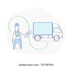 Logistics, Transportation Management, Moving and Cargo Delivery System. Manager directs the delivery. Flat outline vector icon concept on white background.
