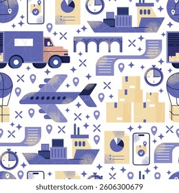 Logistics and transportation seamless pattern including truck, cargo ship, airplane, hot air balloon, packages, and location markers. Flat vector illustration of global delivery system concept design