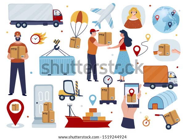 Logistics and transportation services set.\
International fright, courier delivery, warehouse and global\
shipping illustration.  Flat hand drawn vector.\
