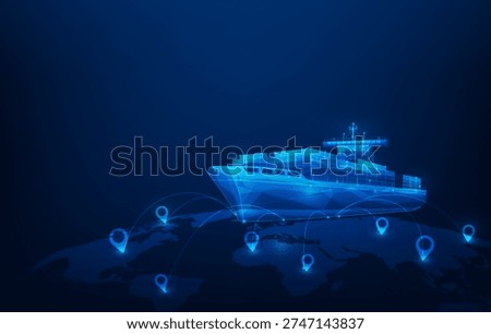 logistics transportation ship global map technology background. International shipping and export by cargo ship. commercial container shipping. vector illustration fantastic technology.