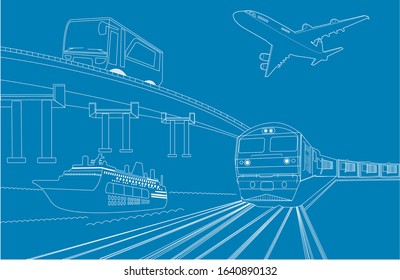 Logistics and transportation of ship and plane with bus concept blue print transport,Vector illustration