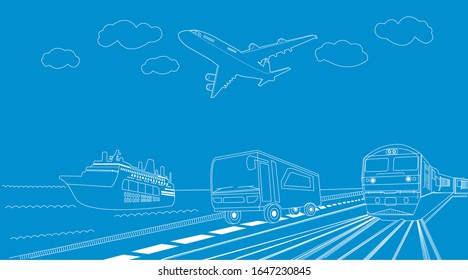 Logistics and transportation of ship and plane with bus concept blue print transport,Vector illustration