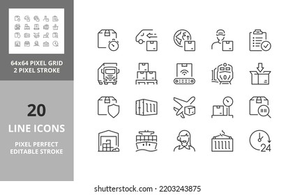 Logistik und Transport dünnen Linie Icon Set. Rahmensymbolkollektion. Bearbeitbarer Vektorhub. 64 und 256 Pixel perfekt skalierbar auf 128 Pixel 