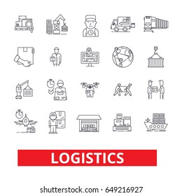 Logistics, transportation, warehouse, supply chain, truck, distribution, ship line icons. Editable strokes. Flat design vector illustration symbol concept. Linear signs isolated on white background