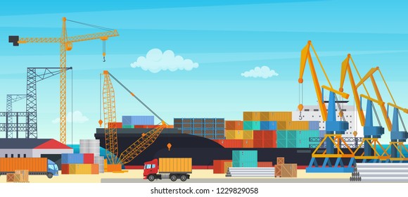 Logistics transportationt container ship with industrial crane import and export in shipping cargo harbor yard. Transportation industry vector illustration.