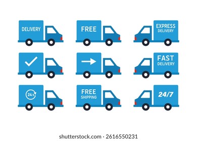 Logistics Truck Flat Design Icons, delivery truck flat icon set, parcel delivery truck icons, cargo delivery truck vector