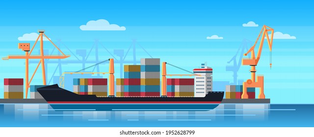 Logistics truck and transportation container ship. Cargo harbor port with industrial cranes. Shipping yard vector illustration.