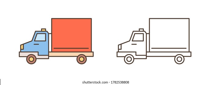 Logistics truck, van or lorry icon. Commercial vehicle with diesel engine, automobile shipment. Delivery, cargo transportation. Flat vector line art illustration isolated on white background