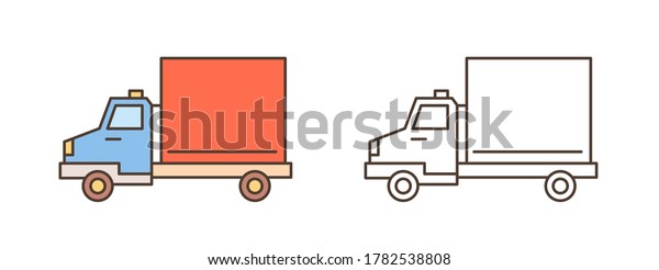 Logistics truck, van or lorry icon. Commercial\
vehicle with diesel engine, automobile shipment. Delivery, cargo\
transportation. Flat vector line art illustration isolated on white\
background