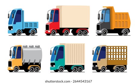 Logística Caminhões ou Veículos de transporte comercial ilustração cartoon incluído Flatbed, Box, Dump, Tanker, Container e Stake Truck . Projeto plano . Isolar no plano de fundo branco . Vetor .