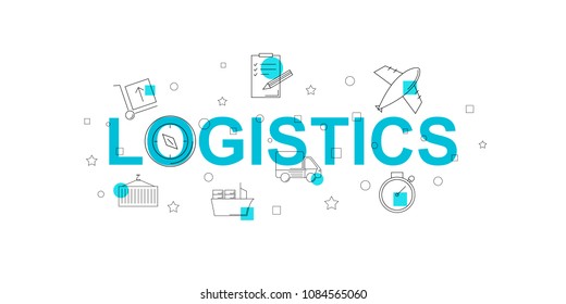 Logistics vector banner. Word with line icon. Vector background