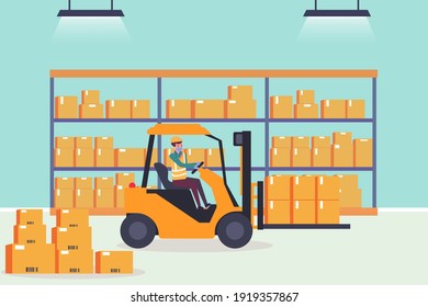 Logistics vector concept: Male worker driving forklift in the storage warehouse while wearing safety wear
