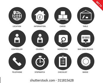 Logistics vector icons set. Delivery and transportation concept. Icons for commercial companies, cargo, location, controller, courses, inspection, telephone, checklist. Isolated on white background