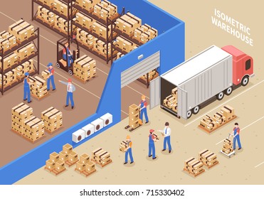  Logistics and warehouse background with workers and cargo symbols isometric vector illustration