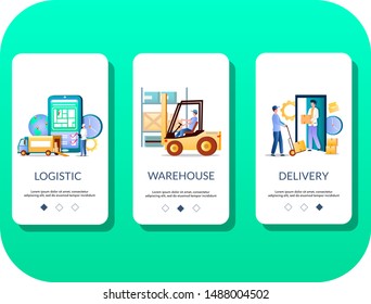 Logistics, Warehouse and Delivery mobile app onboarding screens. Menu banner vector template for website and application development. Online delivery service, order tracking, warehousing.