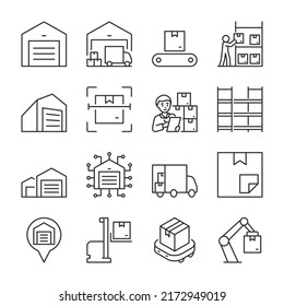 Logistics warehouse icons set. Safe storage and movement of cargo and goods. Terminal. linear icon collection. Line with editable stroke