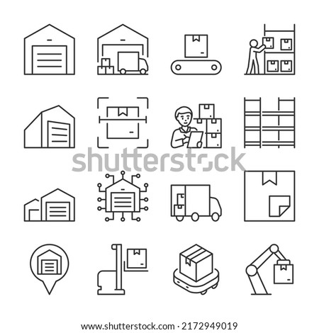 Logistics warehouse icons set. Safe storage and movement of cargo and goods. Terminal. linear icon collection. Line with editable stroke