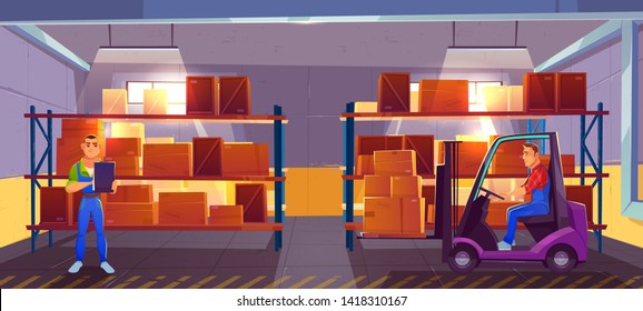 Logistics, warehouse interior with worker driving forklift and inspector checking list of delivered cargo, delivery, goods postal service. Storehouse with racks of boxes. Cartoon vector illustration.