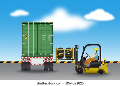 Logistics warehouse and loading dock, rubber wheels transportation and supply., Industrial scene