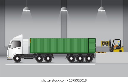 Logistics warehouse and loading dock, rubber wheels transportation and supply, Industrial scene