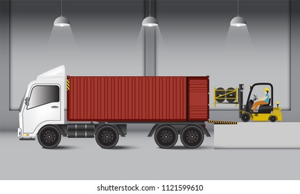 Logistics warehouse and loading dock, rubber wheels transportation and supply., Industrial scene