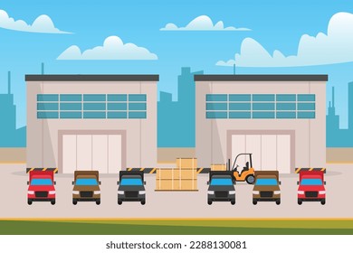 Logistics warehouse with loading truck and working forklift d vector illustration concept for banner, website, illustration, landing page, flyer, etc.