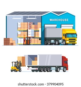 Logistics warehouse with loading truck and working forklift. Modern flat style vector illustration isolated on white background.