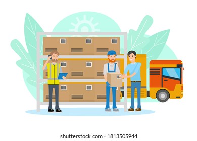 Logistics warehouse with manager and client. Flat design concept. Vector cartoon illustration.