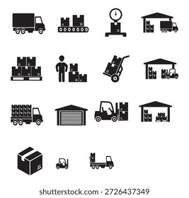 Operaciones de logística y almacenamiento representadas a través de iconos que muestran varias etapas de entrega y almacenamiento desde camiones hasta estanterías