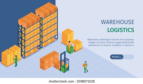 Logistics Warehouse Service Landing Page Isometric Horizontal Web Banner With Storage Facility Loader Lift Workers Vector Illustration