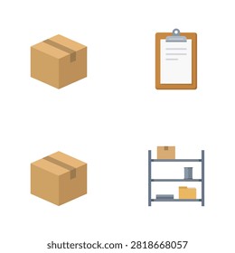Logistics and warehouse set featuring two cardboard shipping boxes, a clipboard with a checklist, and a metal storage rack with various